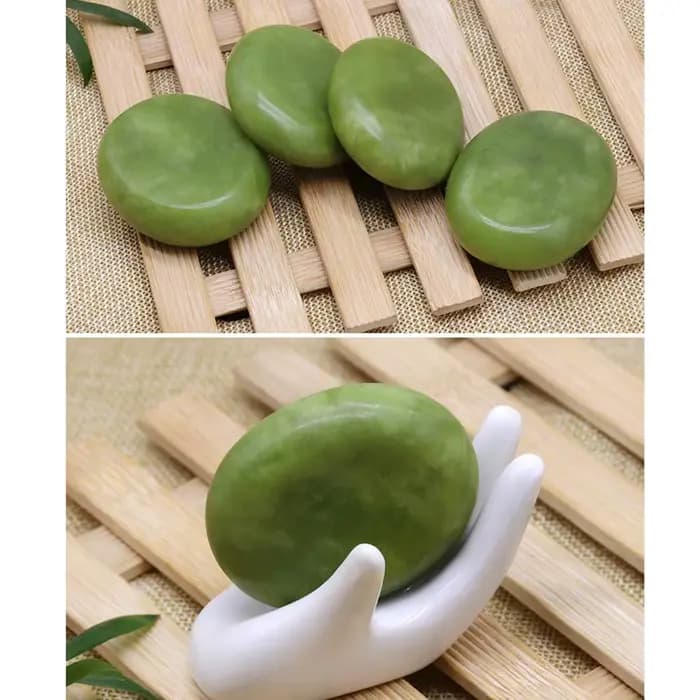 Pierre de massage chaude en jade olive, polie, pour le visage et la relaxation des zones sensibles