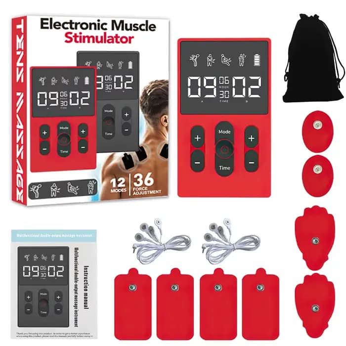Masseur méridien TENS EMS multifonctionnel avec 12 modes et 36 niveaux d'intensité, sortie double ca