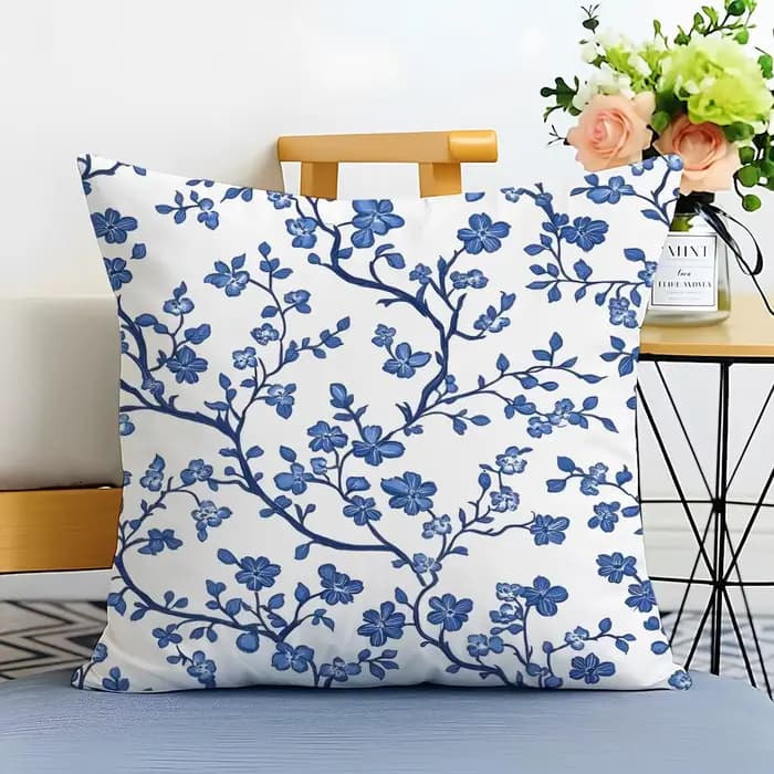 Housse de coussin en porcelaine bleue et blanche, taie d'oreiller en lin lavable, douce pour canapé-