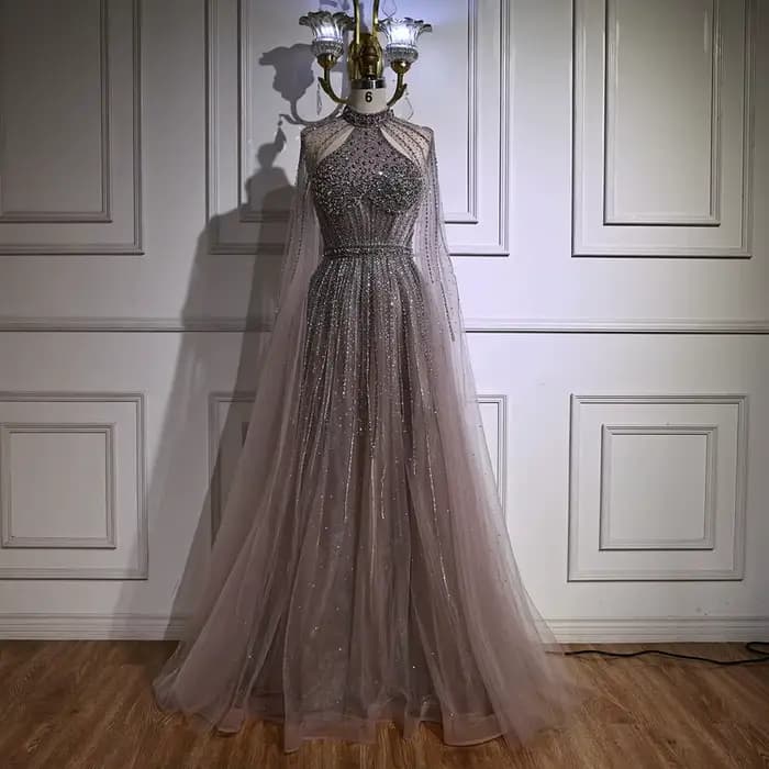Robe de soirée trapèze de luxe en perles de cristal Turquoise, avec manches Cape, pour fête formelle