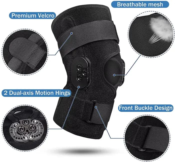 Genouillère réglable articulée, Support de genou avec stabilisateurs latéraux, cadrans de verrouilla