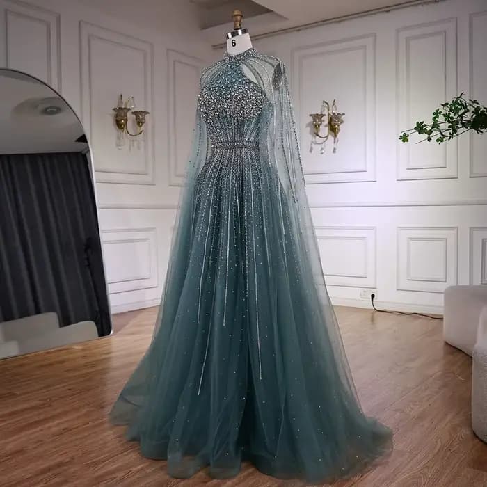 Robe de soirée trapèze de luxe en perles de cristal Turquoise, avec manches Cape, pour fête formelle, Serene Hill, personnalisée, LA73054, 2025