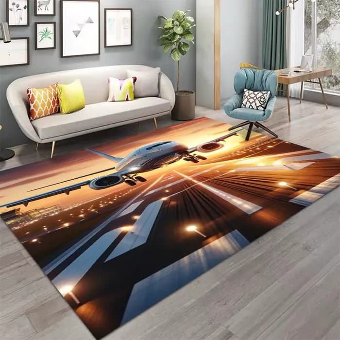 Tapis de piste d'aéroport 3D, conception de décollage d'avion, motif de paysage urbain au coucher du soleil, grande surface antidérapante pour salon moderne