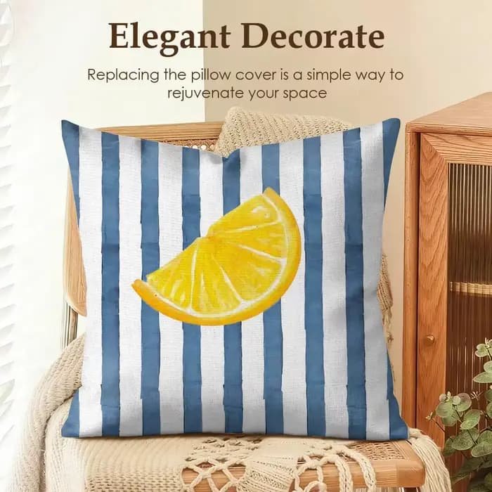 Housse de coussin moderne minimaliste à rayures citronnes, en lin naturel, tissu biologique, impression double face, respirante, pour la décoration