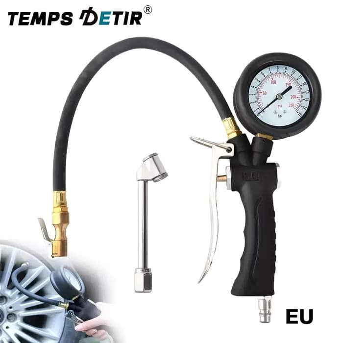 Pistolet de gonflage professionnel avec embout de gonflage, manomètre haute précision 0-230 psi, interface UE, utilisé pour gonfler et mesurer la pression des pneus de voitures et de motos.