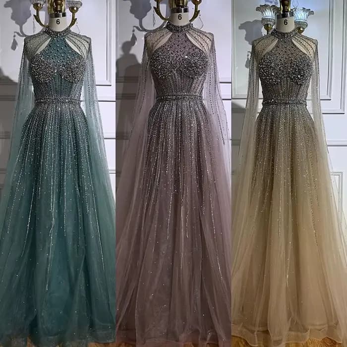 Robe de soirée trapèze de luxe en perles de cristal Turquoise, avec manches Cape, pour fête formelle, Serene Hill, personnalisée, LA73054, 2025