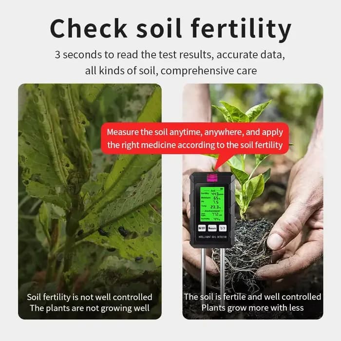 Analyseur de sol numérique 6 en 1, testeur de pH du sol, fertilité, humidité du sol, lumière du soleil, humidité ambiante, température, détecteur, moniteur, analyseur de sol de jardin