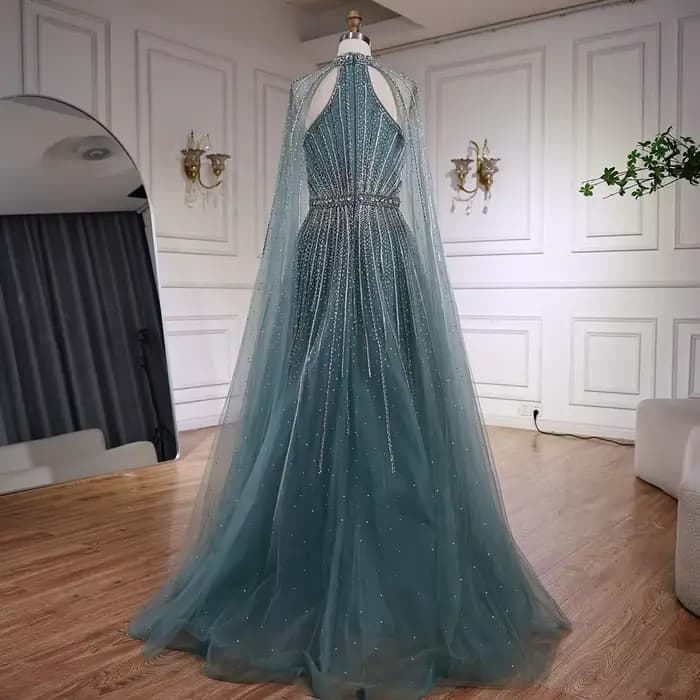 Robe de soirée trapèze de luxe en perles de cristal Turquoise, avec manches Cape, pour fête formelle, Serene Hill, personnalisée, LA73054, 2025