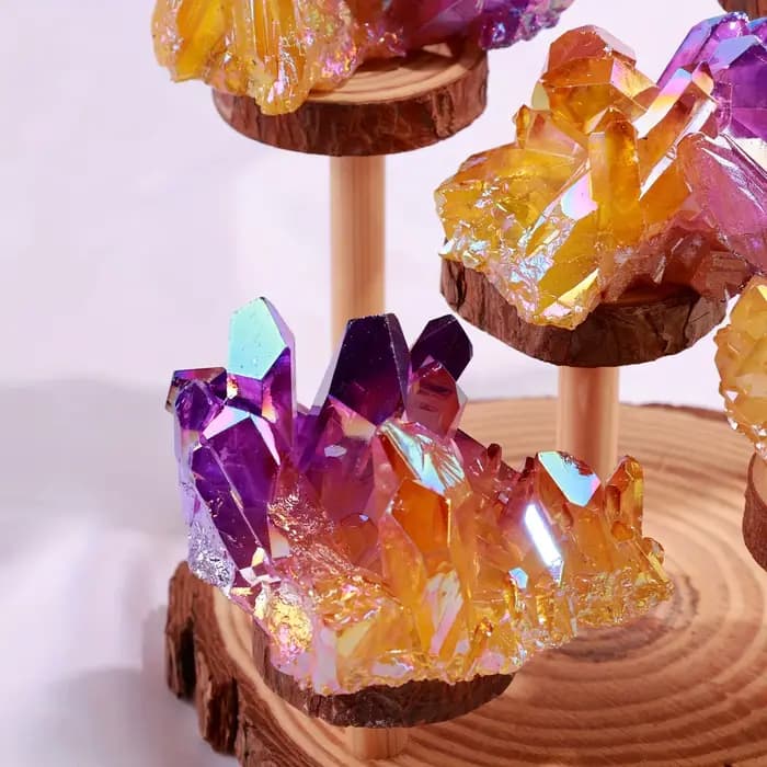 1PC Angel Aura Crystal Cluster |   Quartz violet et jaune, pointe de Lemuria arc-en-ciel en titane pour la décoration, table |   Cadeau de vacances unique
