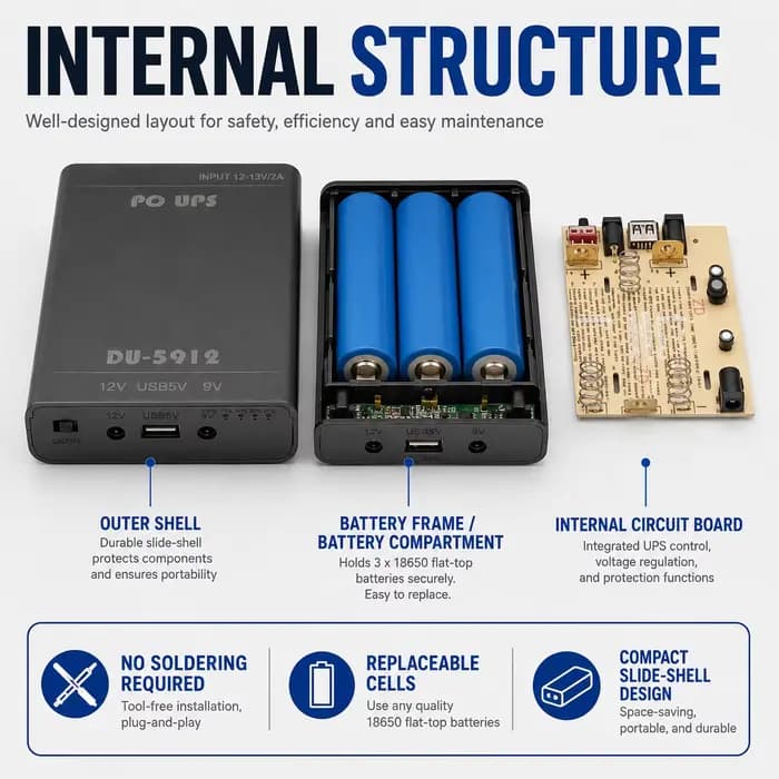 Boîtier d'alimentation de secours pour caméra de surveillance, mini-onduleur DIY 3 emplacements 18650 avec sorties 5V, 9V, 12V pour routeur, modem et appareil de vidéosurveillance