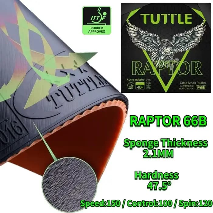 TUTTLE RAPTOR 66B Caoutchouc de tennis de table à picots vers l'intérieur avec éponge Quantum Inner Energy de 2,1 mm 47,5 °   Caoutchouc de ping-pong approuvé par l'ITTF