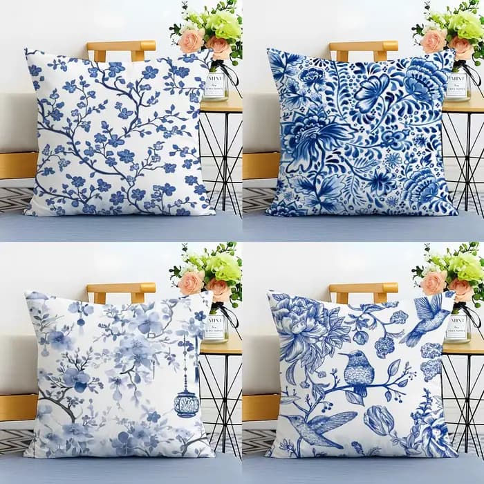 Housse de coussin en porcelaine bleue et blanche, taie d'oreiller en lin lavable, douce pour canapé-lit, décoration confortable pour la maison
