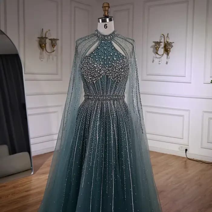 Robe de soirée trapèze de luxe en perles de cristal Turquoise, avec manches Cape, pour fête formelle, Serene Hill, personnalisée, LA73054, 2025