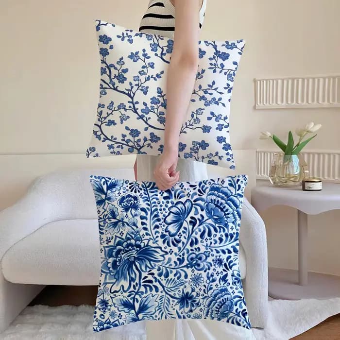 Housse de coussin en porcelaine bleue et blanche, taie d'oreiller en lin lavable, douce pour canapé-lit, décoration confortable pour la maison