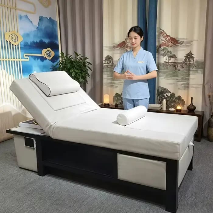 Lit de massage de luxe blanc 2026 avec tiroir de rangement et dossier réglable, multifonctionnel pour spa et salon.