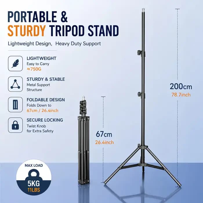 Support d'éclairage robuste en acier au carbone 200 cm, trépied pliable pour la photographie en studio et l'utilisation en extérieur