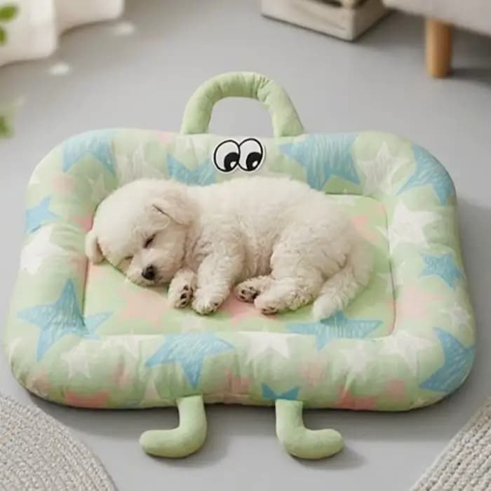 Coussin pour chien en soie glacée, motif dessin animé, rafraîchissant, antidérapant, respirant, résistant à l'usure, avec poignée, pour lit de chien et sommeil des animaux de compagnie