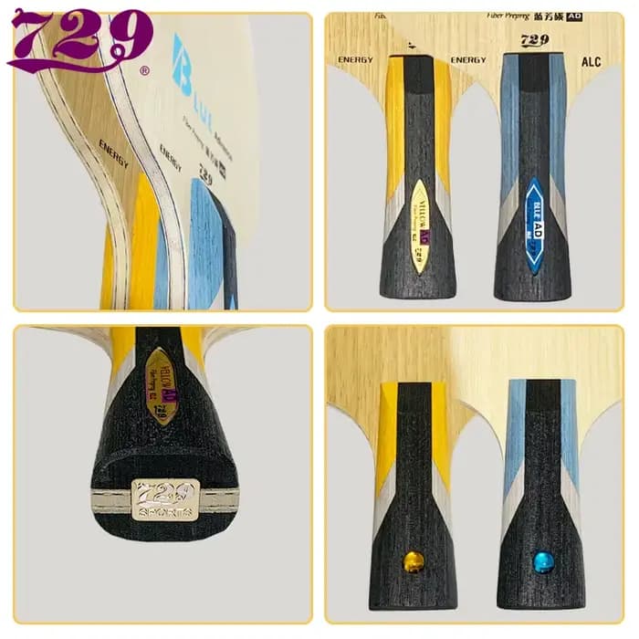 Raquette de tennis de table offensif Friendship 729 New Blue Advance Carbon Blade 7 plis (5+2) |   Combo en caoutchouc collé sur mesure fait main