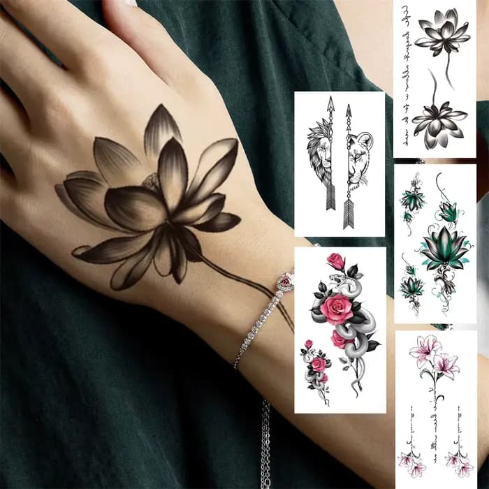 Faux Tatouage Temporaire Anni Fleur pour Femmes et Bol, Autocollant, Pivoine, Lys, Rose, Noir