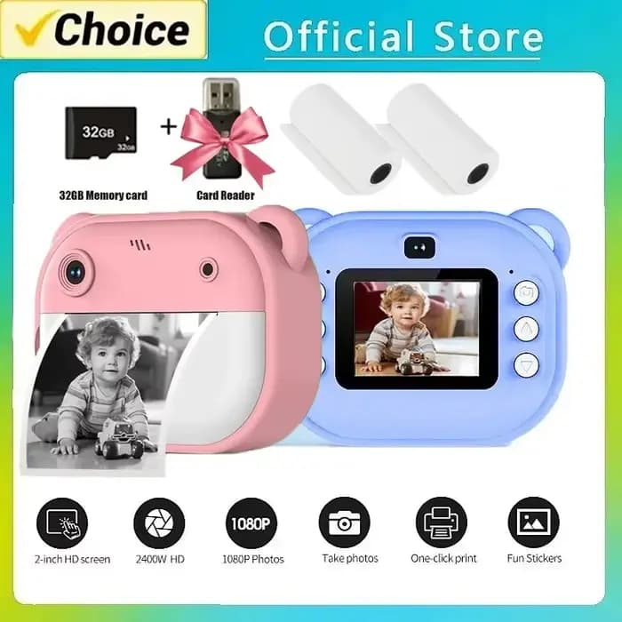 Appareil photo numérique pour enfants, impression instantanée, caméra à impression thermique, impression Photo instantanée, jouets vidéo + carte mémoire 32G