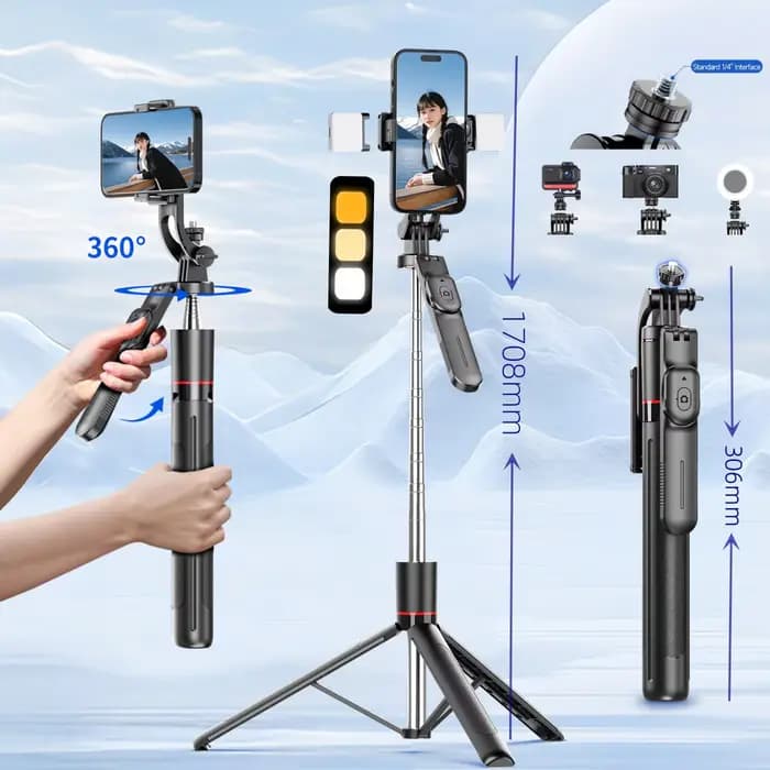 Trépied perche à selfie MEUYAG avec lumière de remplissage monopode de 1708 mm de long, télécommande Bluetooth, 360 °   Rotation, Interface 1/4, pour téléphone portable