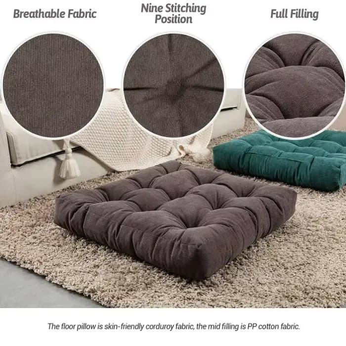 Grand coussin de sol carré en velours côtelé capitonné pour adultes et enfants
