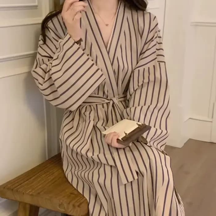 Peignoir pour femme : Robe longue à manches longues rayée style kimono printemps/été – Pyjama et vêtements de détente amples, décontractés, style rétro