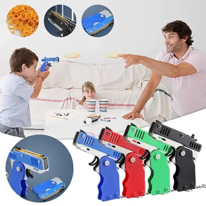 Pistolet jouet en métal avec élastiques, mini lanceur pliable en alliage avec porte-clés et élastiques pour cadeaux d'anniversaire et de fêtes