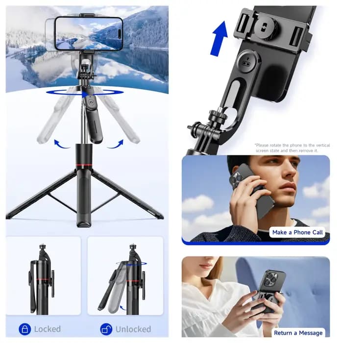 Trépied perche à selfie MEUYAG avec lumière de remplissage monopode de 1708 mm de long, télécommande Bluetooth, 360 °   Rotation, Interface 1/4, pour téléphone portable