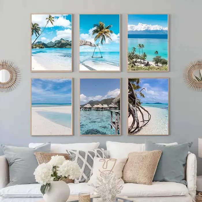 Affiche de paysage du paradis bleu de polynésie, peinture murale nordique sur toile d'art de mer et d'océan, image d'été pour décoration de maison