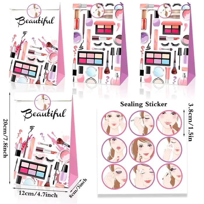 Fournitures de fête de maquillage Spa, bannière cosmétique joyeux anniversaire, sacs cadeaux en papier avec autocollants, décoration de fête d'anniversaire pour filles et femmes