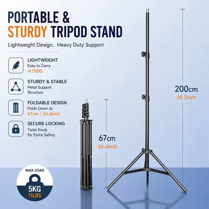 Support d'éclairage robuste en acier au carbone 200 cm, trépied pliable pour la photographie en stud