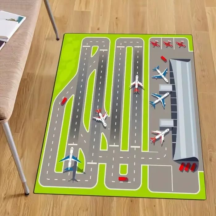 Tapis vert sur le thème de l'aéroport avec tapis design d'avion et de piste pour salon, extérieur, c