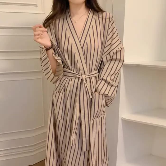 Peignoir pour femme : Robe longue à manches longues rayée style kimono printemps/été – Pyjama et vêt