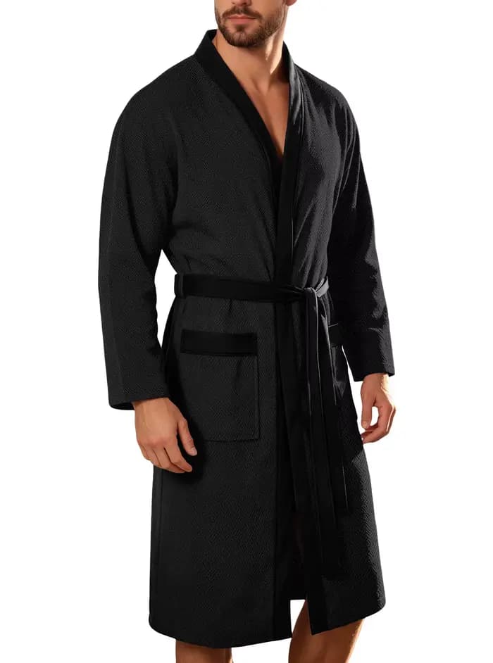 Peignoir pour homme à manches longues, style kimono, avec ceinture et poches, doux et confortable, v
