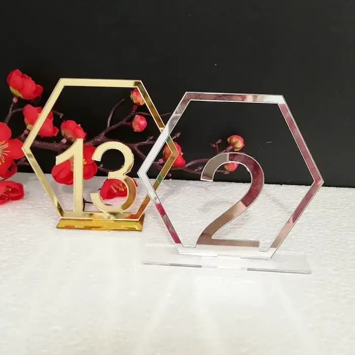 Signes de Table hexagonaux pour fête de mariage, décorations de Table, argent or acrylique, carte de siège, chiffres romains