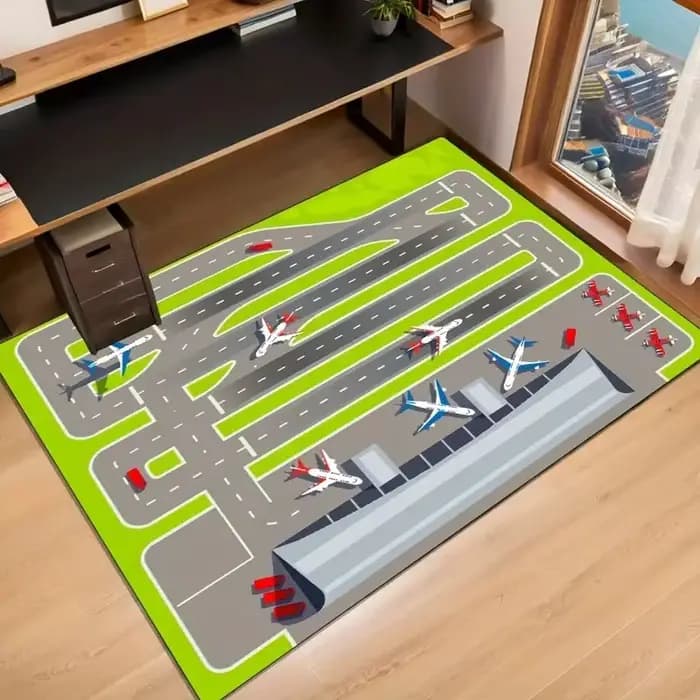 Tapis vert sur le thème de l'aéroport avec tapis design d'avion et de piste pour salon, extérieur, cuisine, salle de bain, tapis de décoration d'avion