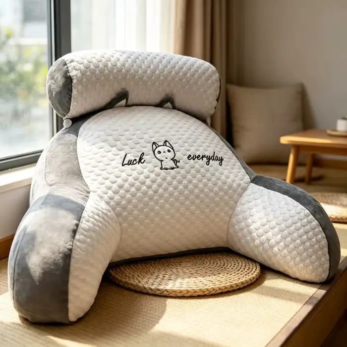 Coussin de lecture pour lire au lit en position assise avec accoudoirs - Gris matelassé