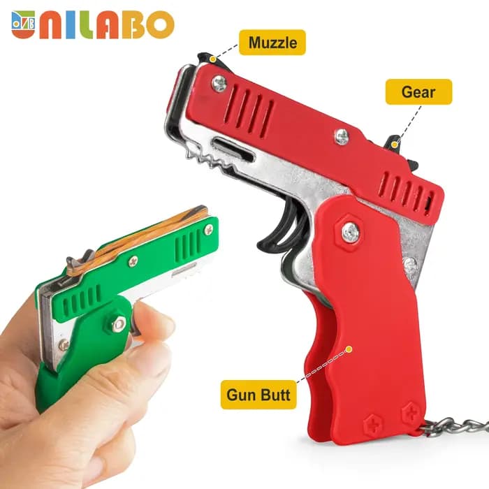 Pistolet à élastique en alliage, Mini pistolet jouet pliable, porte-clés, prise de vue rapide, 6 caoutchoucs, pistolet jouet, livré avec des élastiques