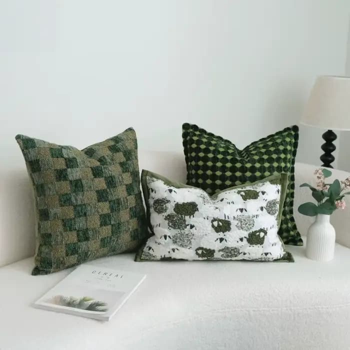 Housse de coussin verte de luxe moderne, tissu texturé granulaire, taie d'oreiller pour canapé, décoration géométrique jacquard verte vintage pour la maison