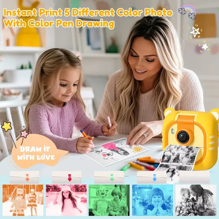 Appareil photo instantané pour enfants, 7 feuilles de papier photo, écran 2,4 pouces, appareil photo instantané 1080P 180 ° Caméra vidéo avec objectif rotatif et impression photo couleur