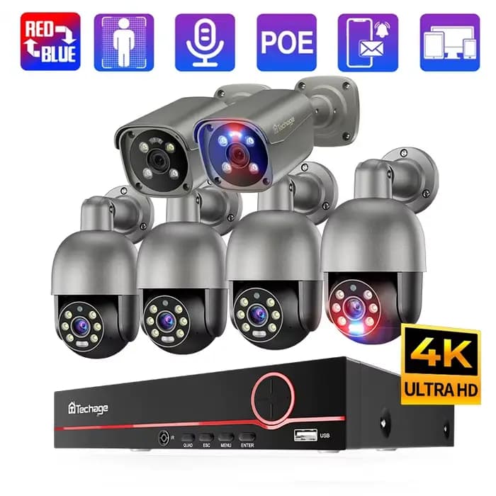 Techage-Système de caméra extérieure POE PTZ, 8 canaux, 4K UHD, 8MP, AI, poignées humaines, etc, conversation bidirectionnelle, vidéosurveillance CCTV, kit H.dissis NVR