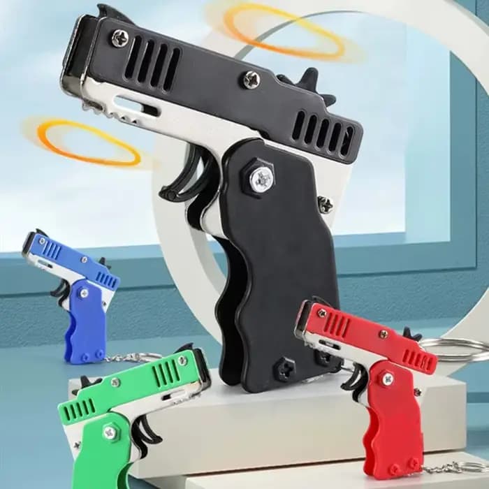 Pistolet jouet en métal avec élastiques, mini lanceur pliable en alliage avec porte-clés et élastiques pour cadeaux d'anniversaire et de fêtes
