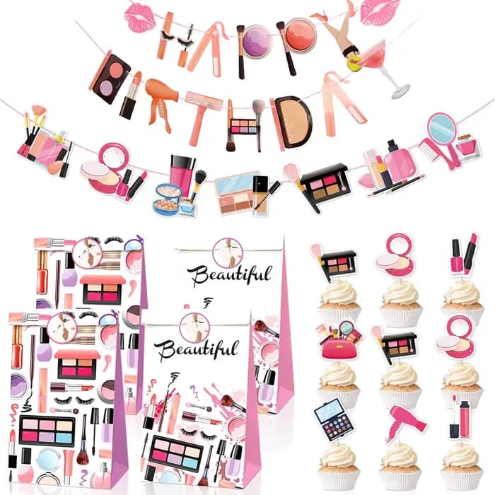Fournitures de fête de maquillage Spa, bannière cosmétique joyeux anniversaire, sacs cadeaux en papier avec autocollants, décoration de fête d'anniversaire pour filles et femmes