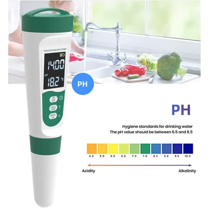 Testeur d'eau potable 5 en 1, testeur de qualité de l'eau, testeur de PH numérique de haute précision PH/EC/TDS/salt/compteur de température pour piscines et Aquariums