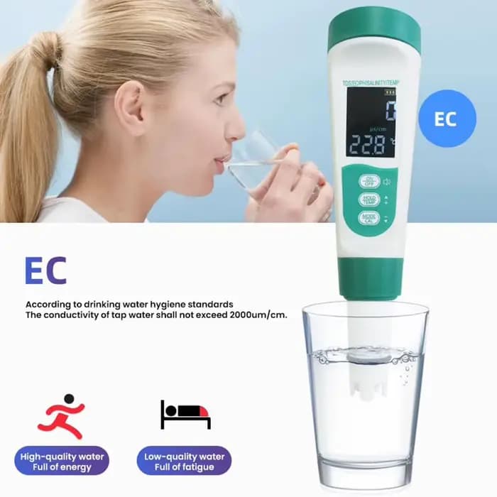 Testeur d'eau potable 5 en 1, testeur de qualité de l'eau, testeur de PH numérique de haute précision PH/EC/TDS/salt/compteur de température pour piscines et Aquariums