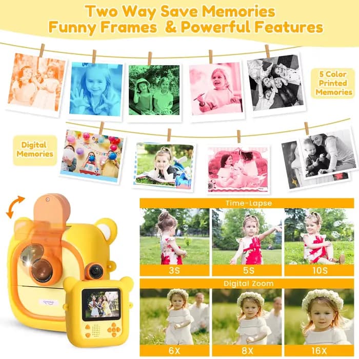 Appareil photo instantané pour enfants, 7 feuilles de papier photo, écran 2,4 pouces, appareil photo instantané 1080P 180 ° Caméra vidéo avec objectif rotatif et impression photo couleur