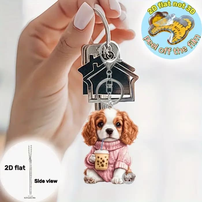 Porte-clés pendentif Cavalier King Charles épagneul, ornement plat en acrylique 2D pour chiot, décoration suspendue pour voiture, sacs, festif, fête, cadeau