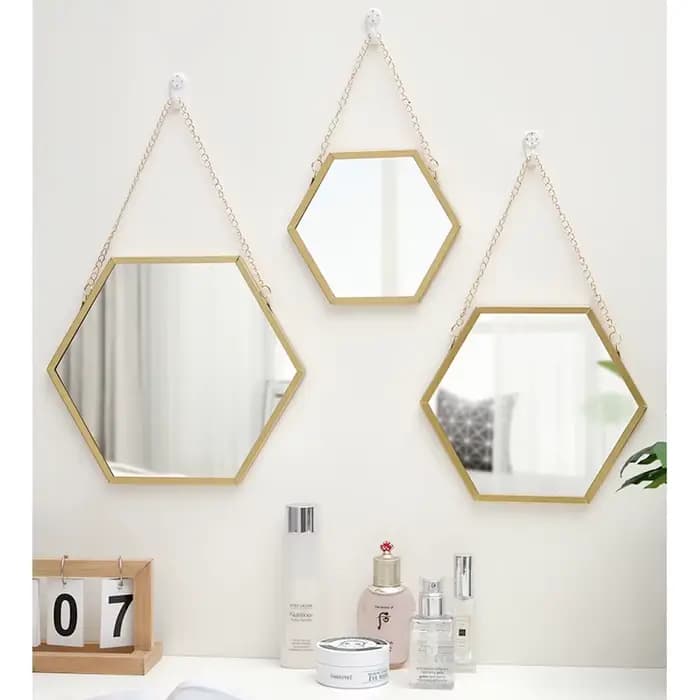 Miroir décoratif de forme hexagonale, décoration murale suspendue de maquillage, miroir cosmétique de salle de bains, décoration murale de chambre à coucher