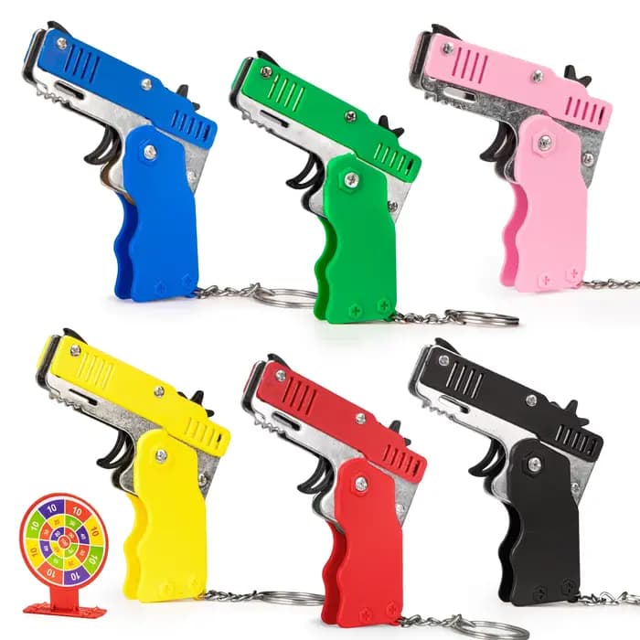 Pistolet à élastique en alliage, Mini pistolet jouet pliable, porte-clés, prise de vue rapide, 6 caoutchoucs, pistolet jouet, livré avec des élastiques